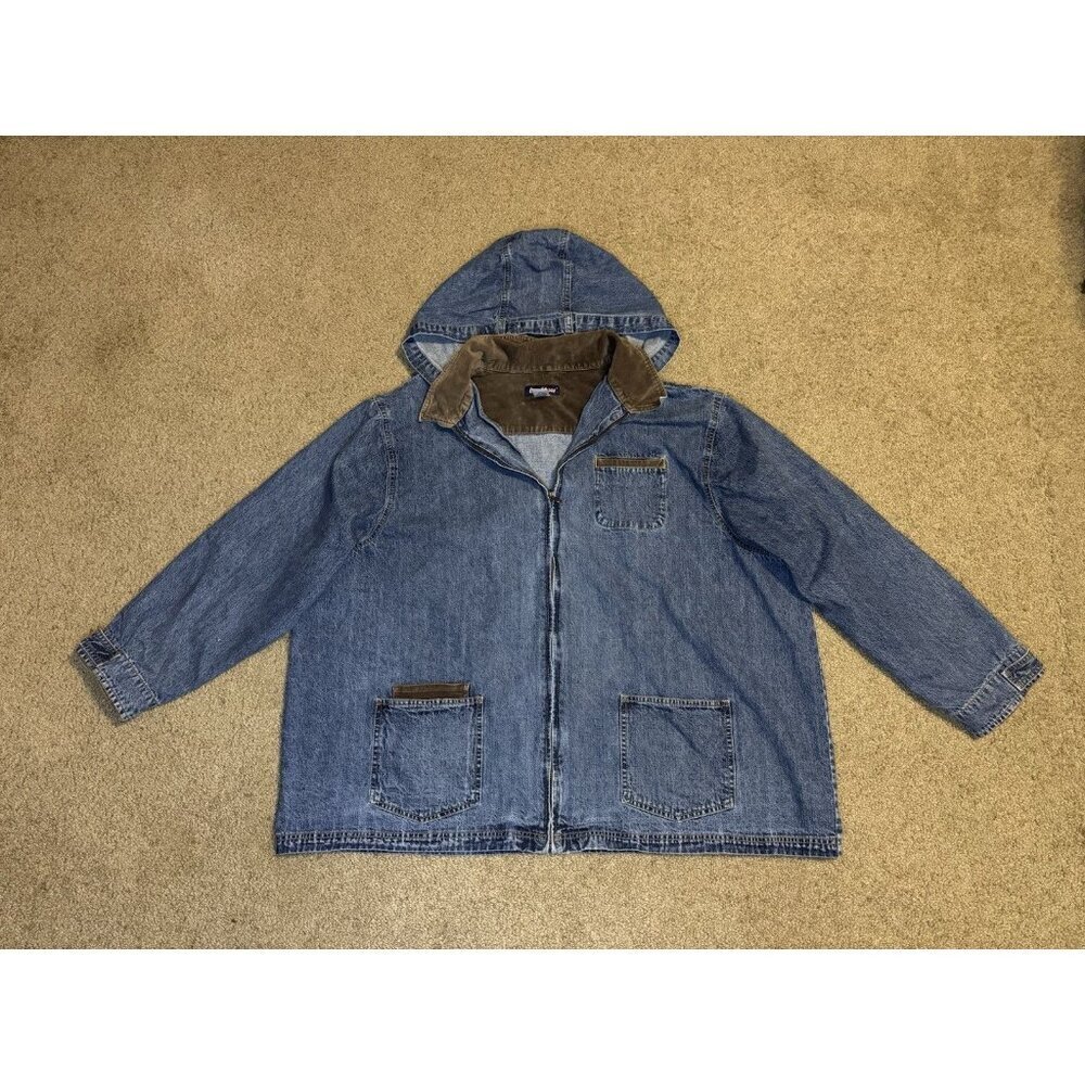 LA BLUES Vintage 90s Corduroy Trim Zip Up Denim Jacket Hoodie Barn Chore 32W